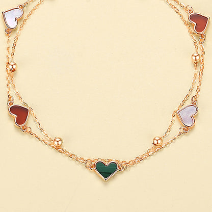 18K Rose Gold Double Chain Heart Bracelet with Agate, Mother of Pearl & Malachite