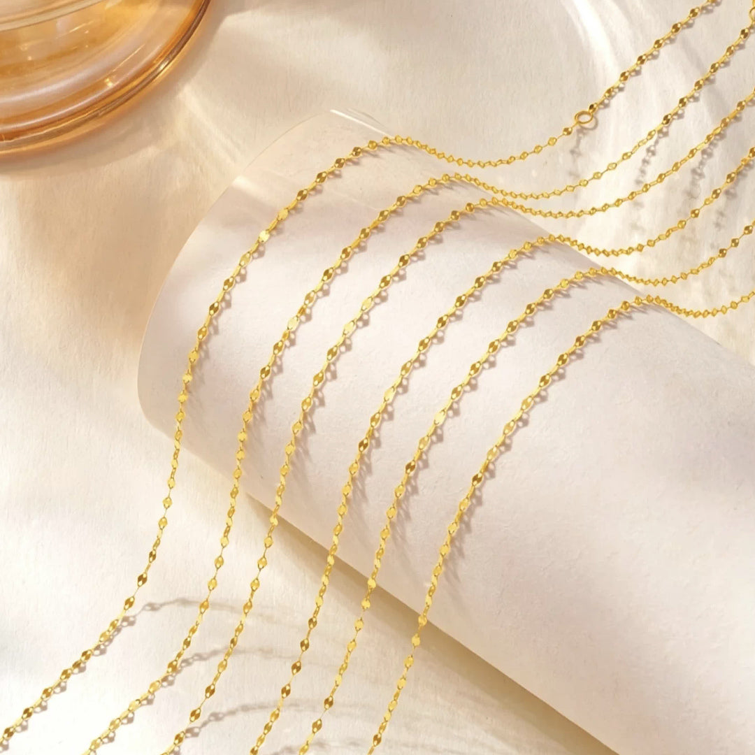 18K Solid Gold Sparkle Mirror Chain – Dainty Lips Link Necklace 45 cm