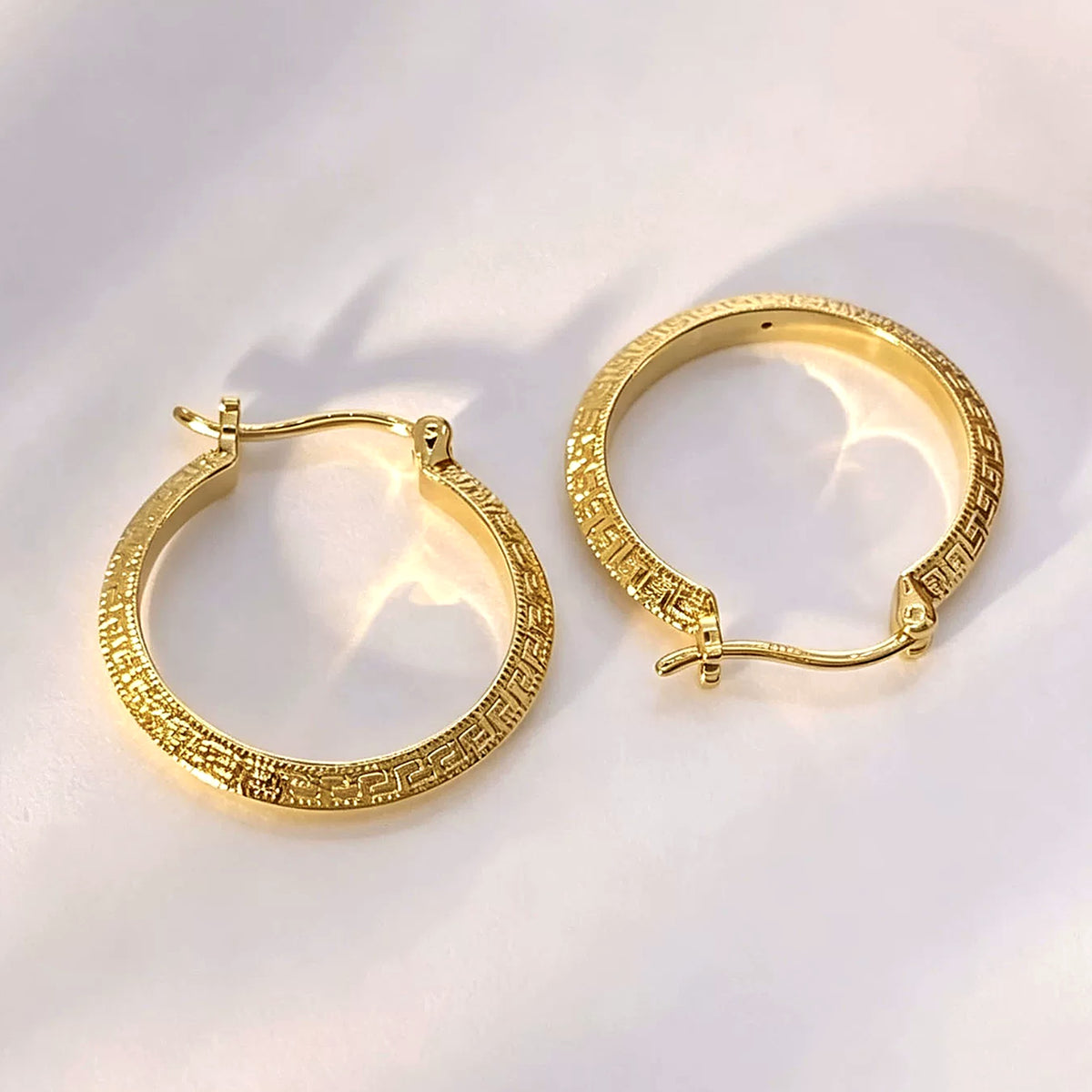 18K Solid Gold Greek Key Hoops