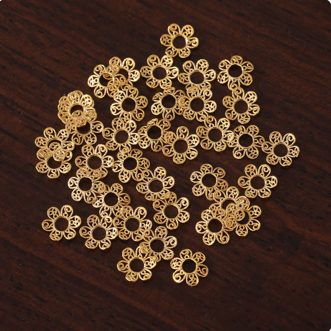 18K Solid Gold Filigree Flower Bead Caps – 4mm or 5mm Spacers, Pack of 4