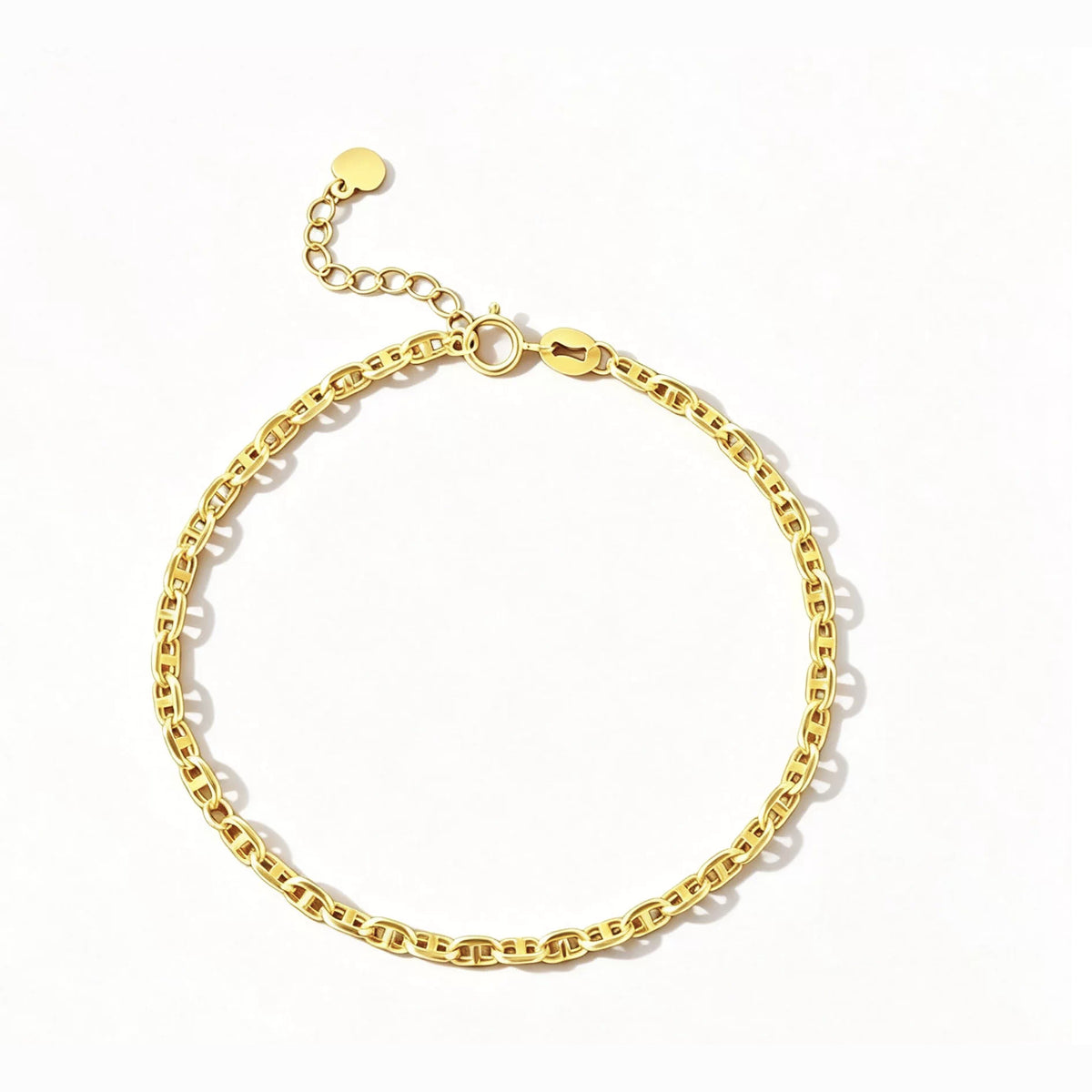 18K Solid Gold Mariner Link Bracelet – Dainty Anchor Chain Bracelet, Adjustable 16–19 cm