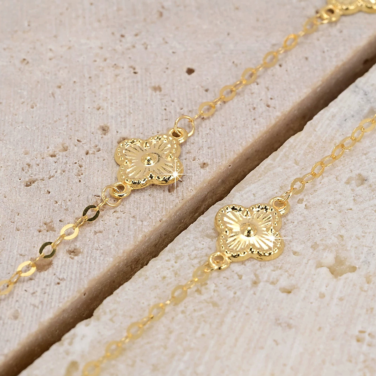 18K Solid Gold Vintage Flower Station Bracelet