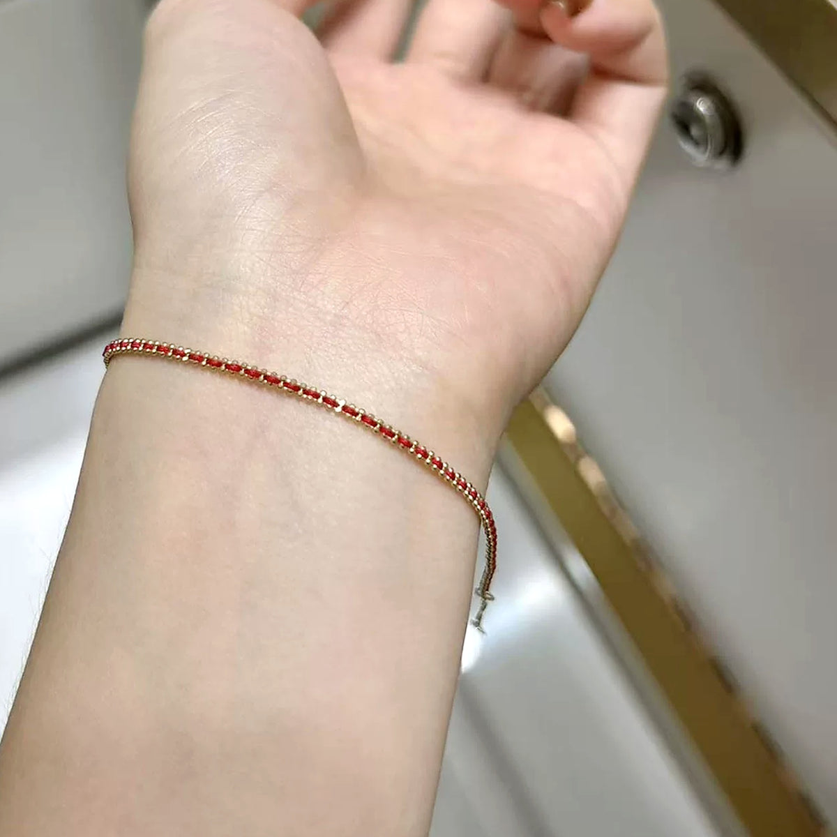 18K Gold Bead Red String Bracelet