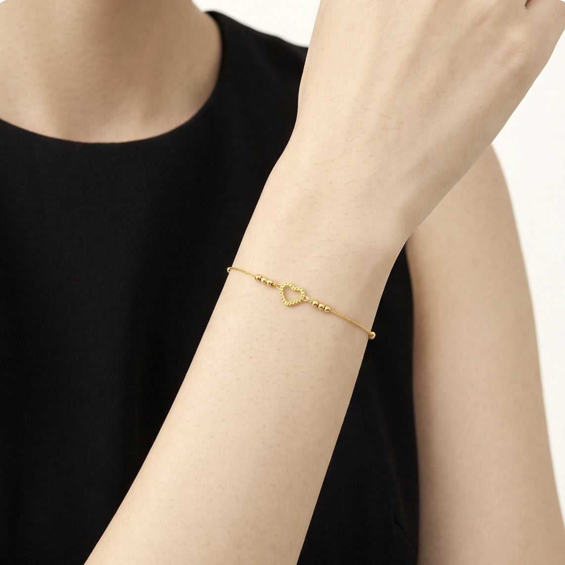 18K Solid Gold Open Heart Bracelet – Dainty Bead Chain with Diamond-Cut Heart