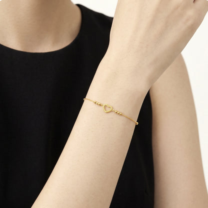 18K Solid Gold Open Heart Bracelet – Dainty Bead Chain with Diamond-Cut Heart