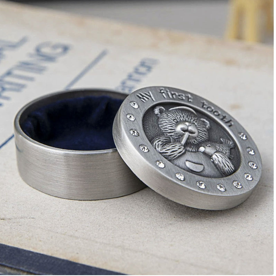 Baby Keepsake Box – My First Tooth & My First Curl Pewter-Finish Teddy Bear Box