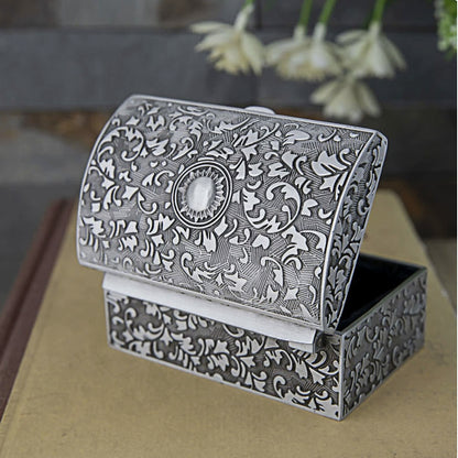Vintage Treasure Chest Jewelry Box – Antique Pewter Floral Trinket Box with Velvet Lining