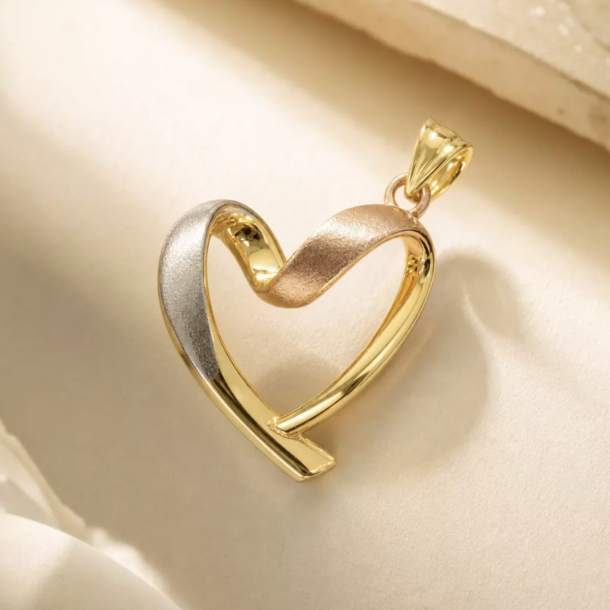 18K Tri-Color Gold Ribbon Heart Pendant – Brushed and Polished Open Heart