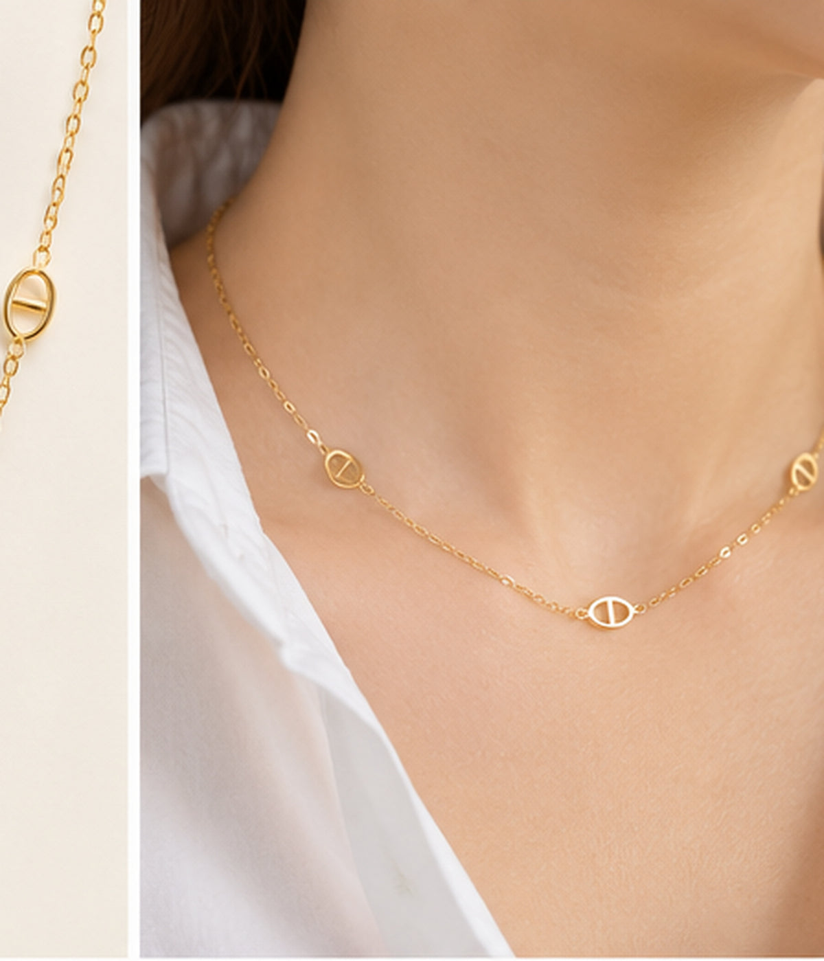 18K Solid Gold Oval Station Necklace – 45 cm