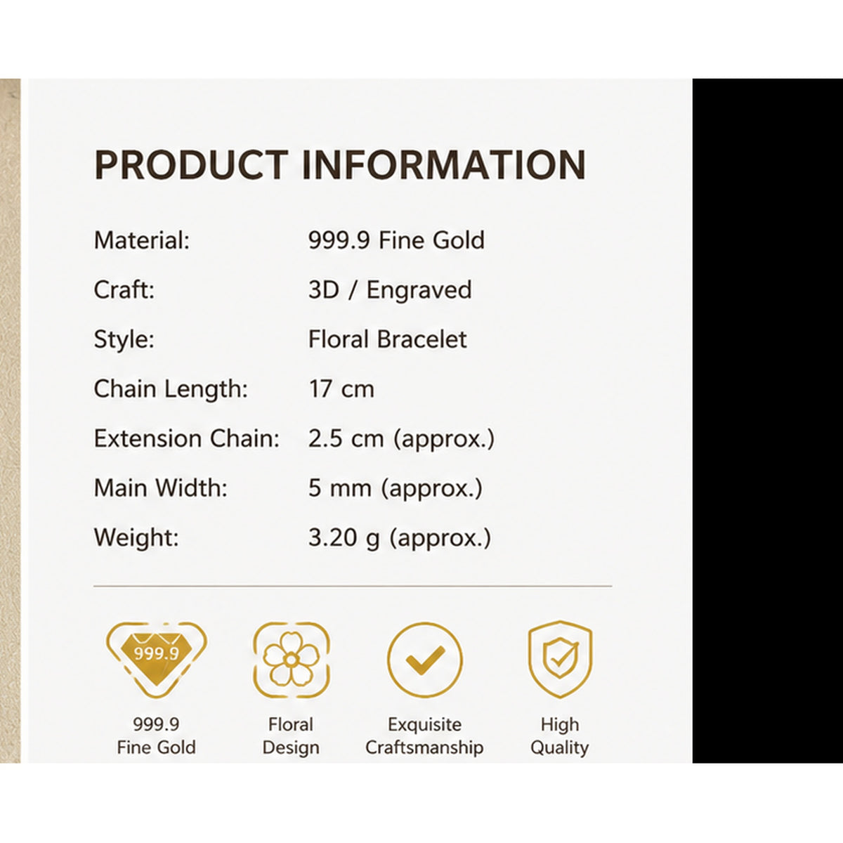 Pure 24K Gold Five-Flower Bracelet, Dainty Floral Chain, Adjustable Hook Clasp (999.9 Fine Gold)