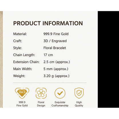 Pure 24K Gold Five-Flower Bracelet, Dainty Floral Chain, Adjustable Hook Clasp (999.9 Fine Gold)