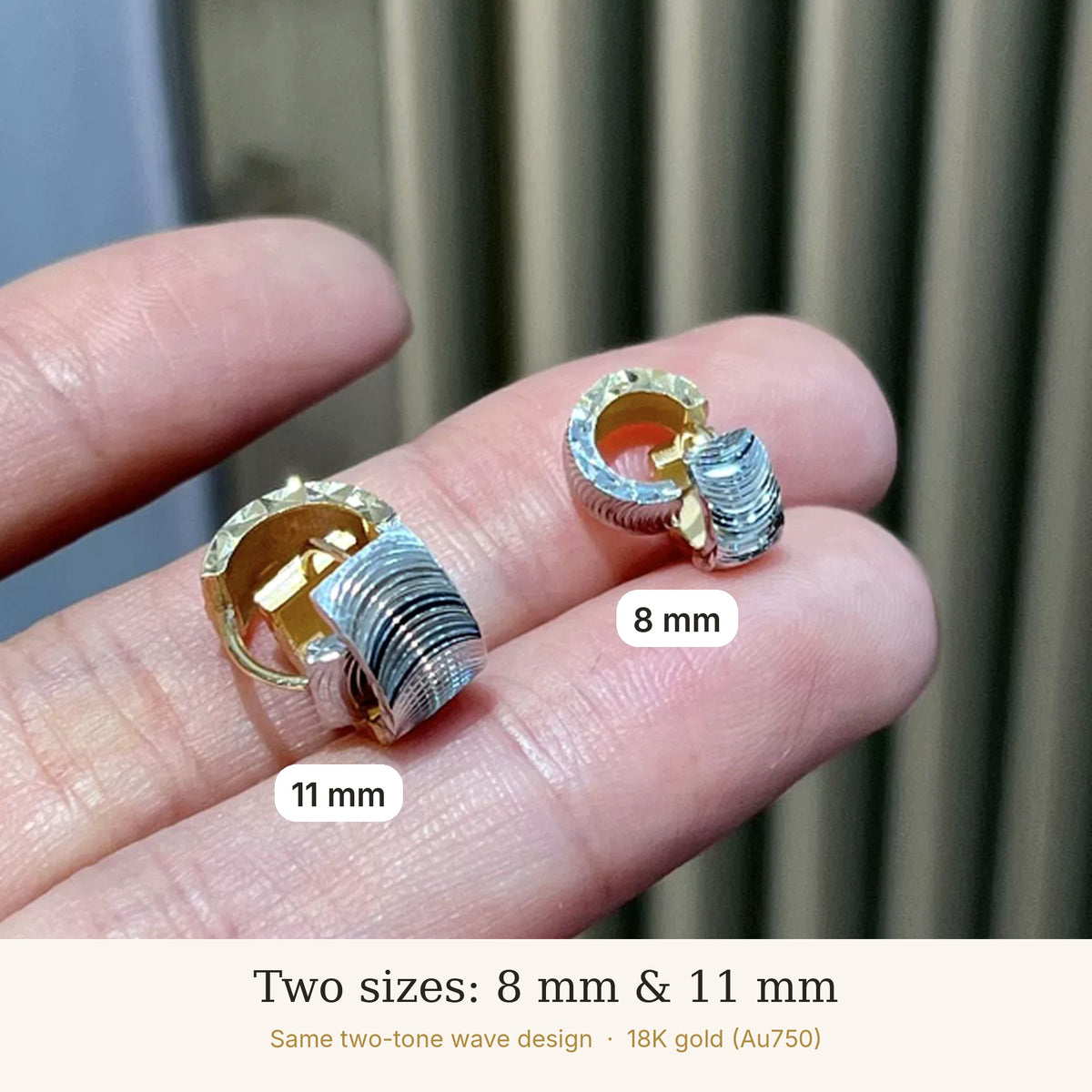 18K Solid Gold Two-Tone Huggie Hoops – Wave Engraved
