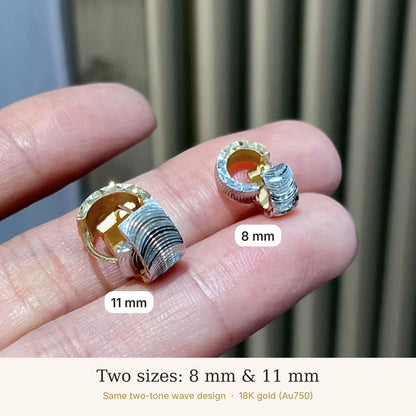 18K Solid Gold Two-Tone Huggie Hoops – Wave Engraved