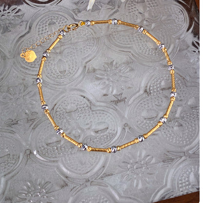 18K Solid Gold Two-Tone Tube & Bead Bracelet