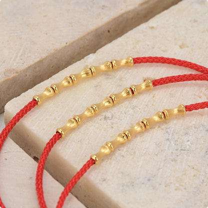 18K Solid Gold Bamboo Bead Red String Bracelet – Brushed Gold, Adjustable Cord