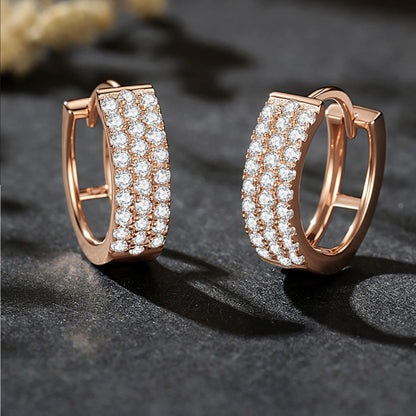 18K Rose Gold Pavé Huggie Hoops – 2 or 3 Rows Sparkle Hoop Earrings 12 mm, Pair