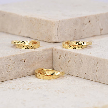 18K Solid Gold Diamond-Cut Mini Huggie Hoops – 9.6 mm