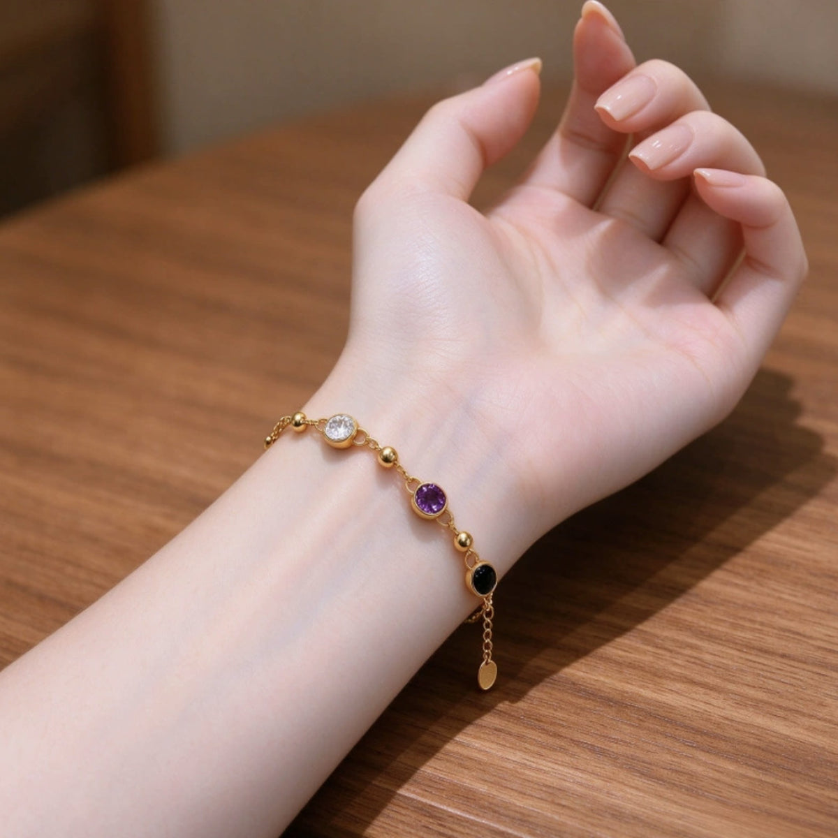 18K Gold Rainbow Bezel Bracelet – Multicolor Stone and Gold Bead Station Bracelet