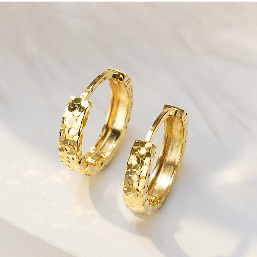 18K Gold Diamond-Cut Huggie Hoops – Sparkle Texture Small Hoop Earrings, Pair