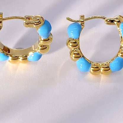 18K Solid Gold Blue Enamel Bubble Hoops