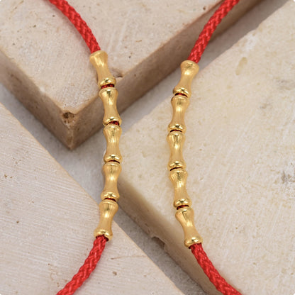 18K Solid Gold Bamboo Bead Red String Bracelet – Brushed Gold, Adjustable Cord