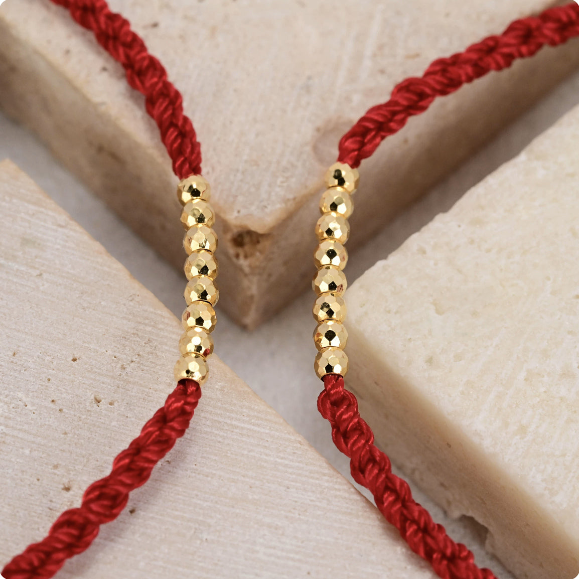 18K Solid Gold Eight Bead Red String Bracelet – Dainty Braided Cord, Adjustable