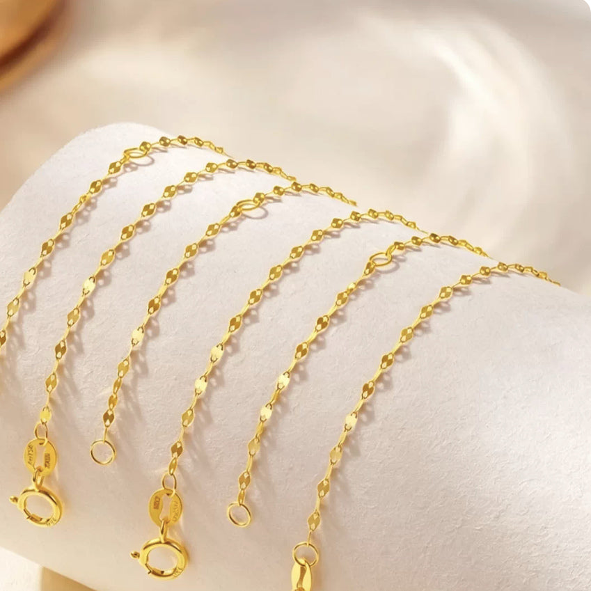 18K Solid Gold Sparkle Mirror Chain – Dainty Lips Link Necklace 45 cm