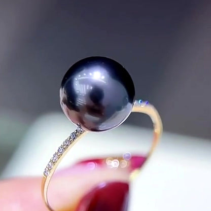 18K Solid Gold Tahitian Pearl Ring, 8-9mm Black Seawater Pearl, Elegant Solitaire Jewelry