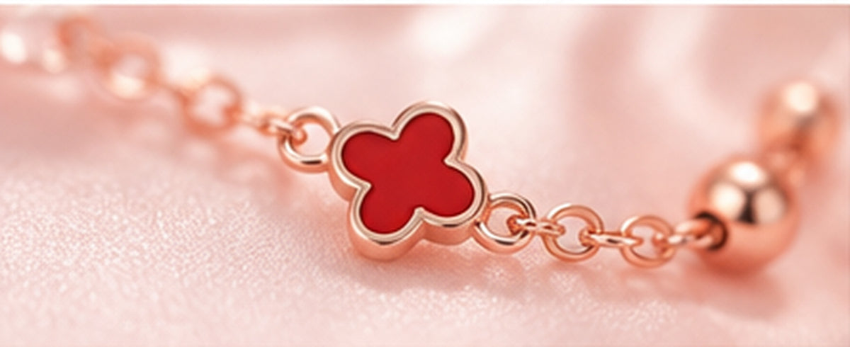 18K Solid Gold Clover Anklet – Enamel Charms
