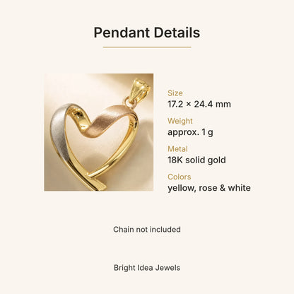 18K Tri-Color Gold Ribbon Heart Pendant – Brushed and Polished Open Heart