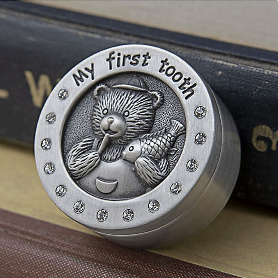 Baby Keepsake Box – My First Tooth & My First Curl Pewter-Finish Teddy Bear Box