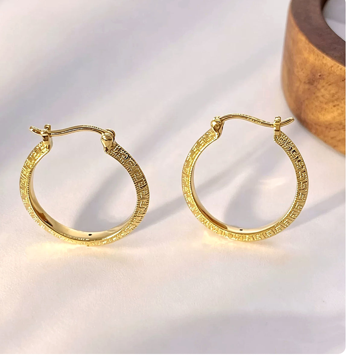 18K Solid Gold Greek Key Hoops
