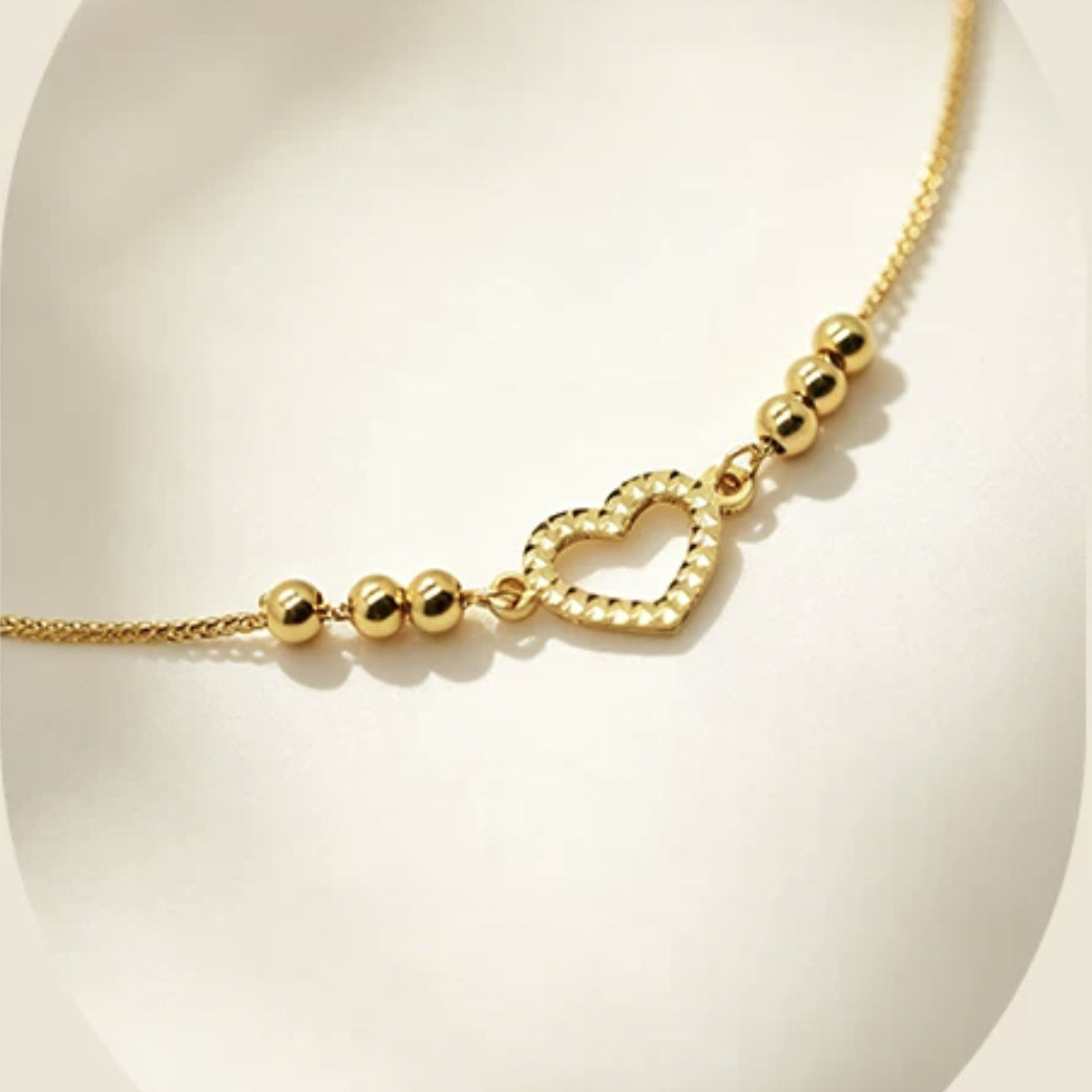 18K Solid Gold Open Heart Bracelet – Dainty Bead Chain with Diamond-Cut Heart