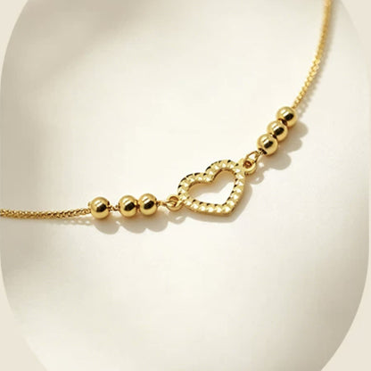 18K Solid Gold Open Heart Bracelet – Dainty Bead Chain with Diamond-Cut Heart