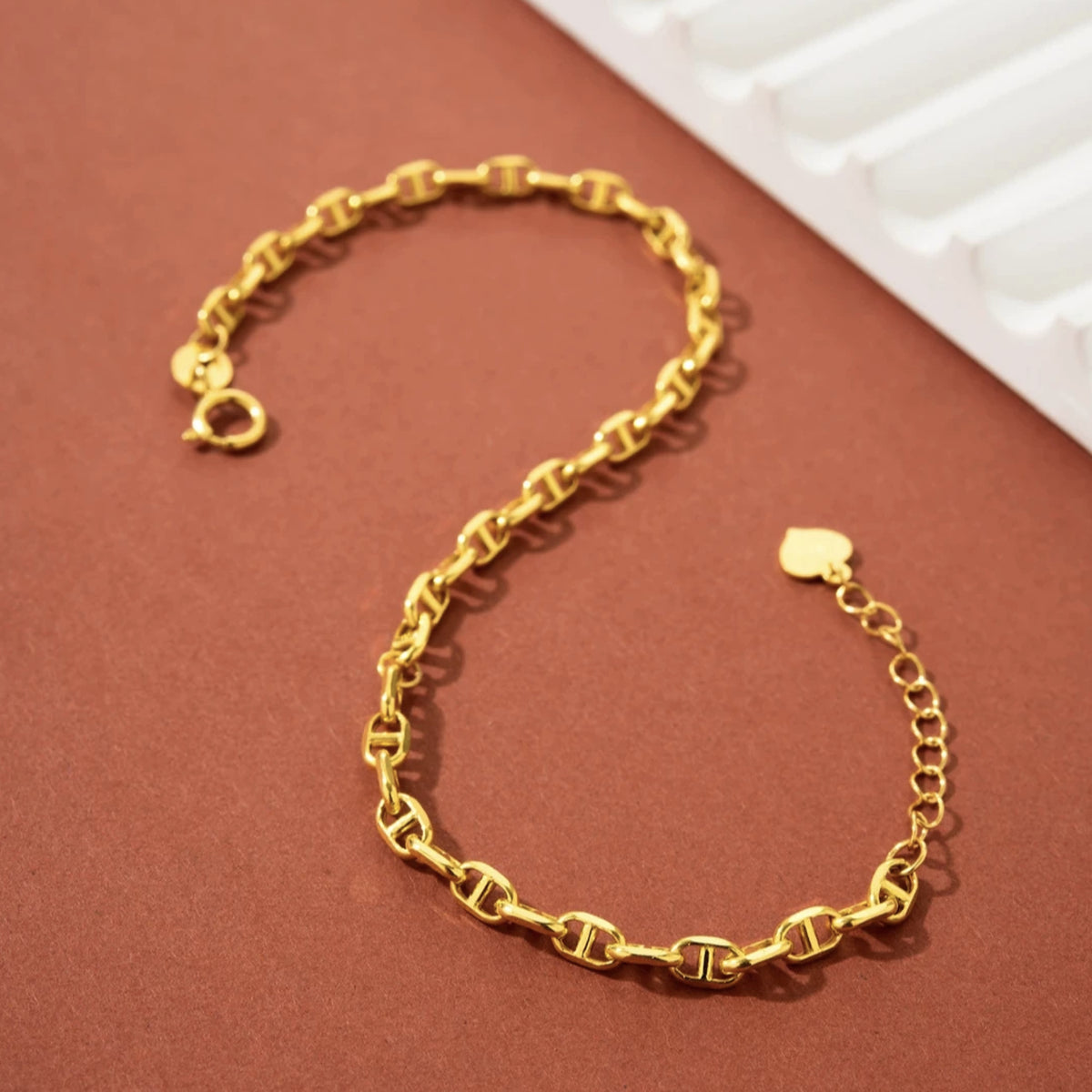 18K Solid Gold Mariner Link Bracelet – Dainty Anchor Chain Bracelet, Adjustable 16–19 cm