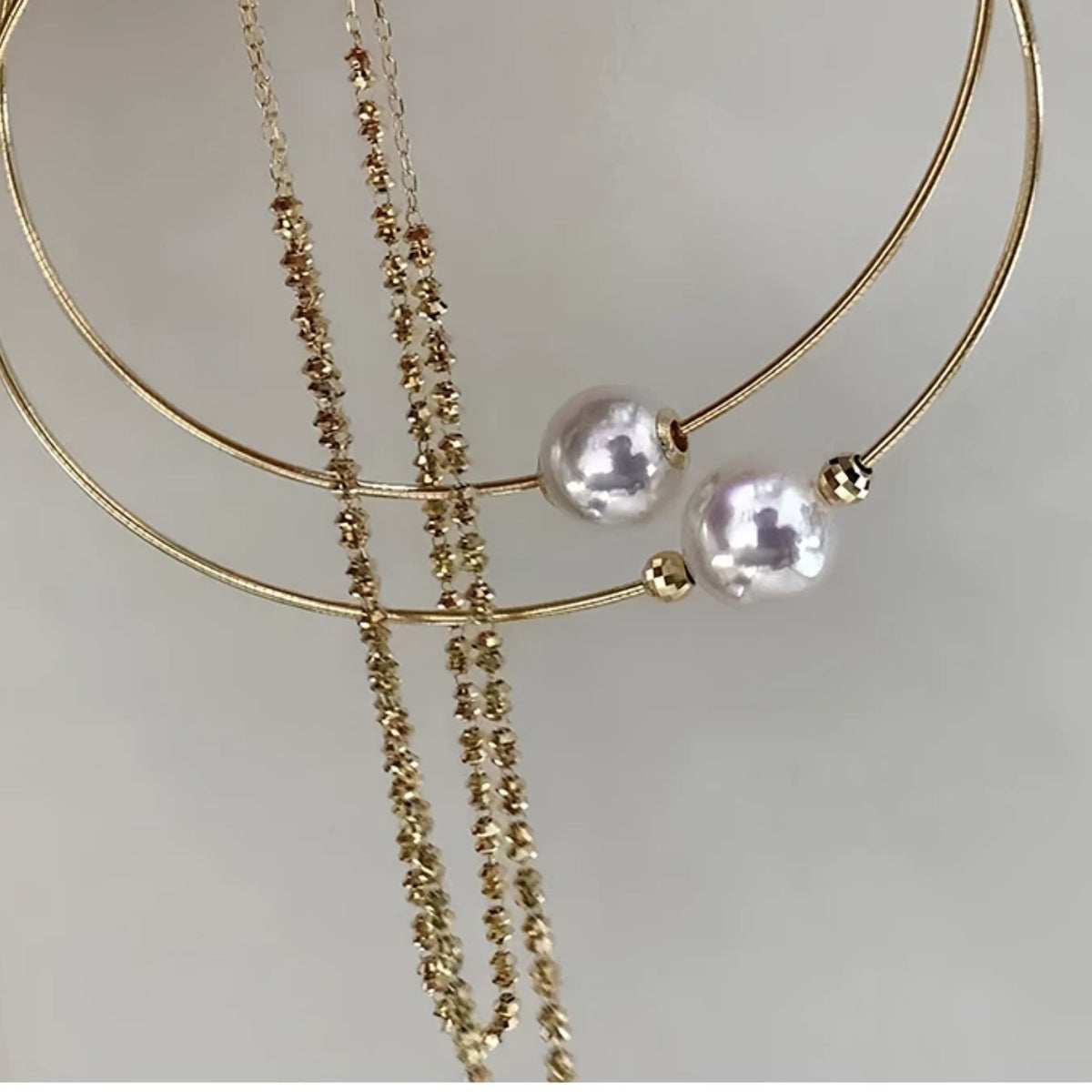 18K Solid Gold Akoya Pearl Double Bangle