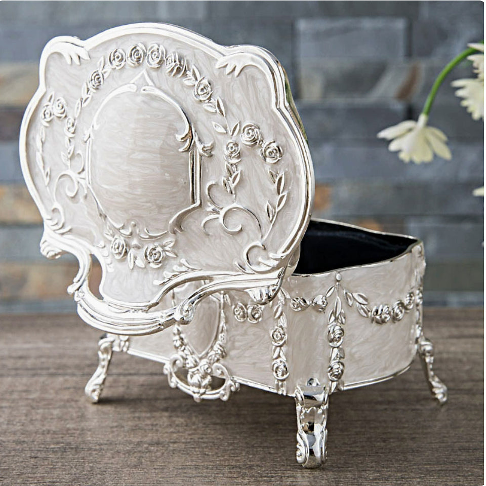 Vintage Baroque Jewelry Box – Rose Garland Footed Trinket Box, Pearl White or Antique Pewter