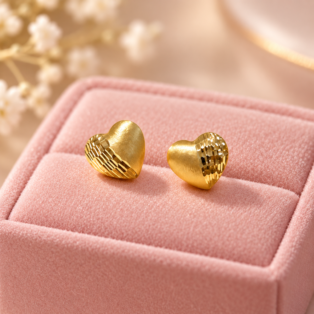 18K Solid Gold Heart Stud Earrings, Diamond-Cut & Brushed Finish, Minimalist Love Gift