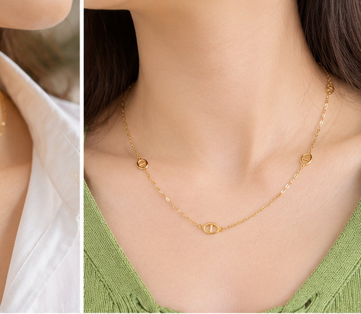 18K Solid Gold Oval Station Necklace – 45 cm