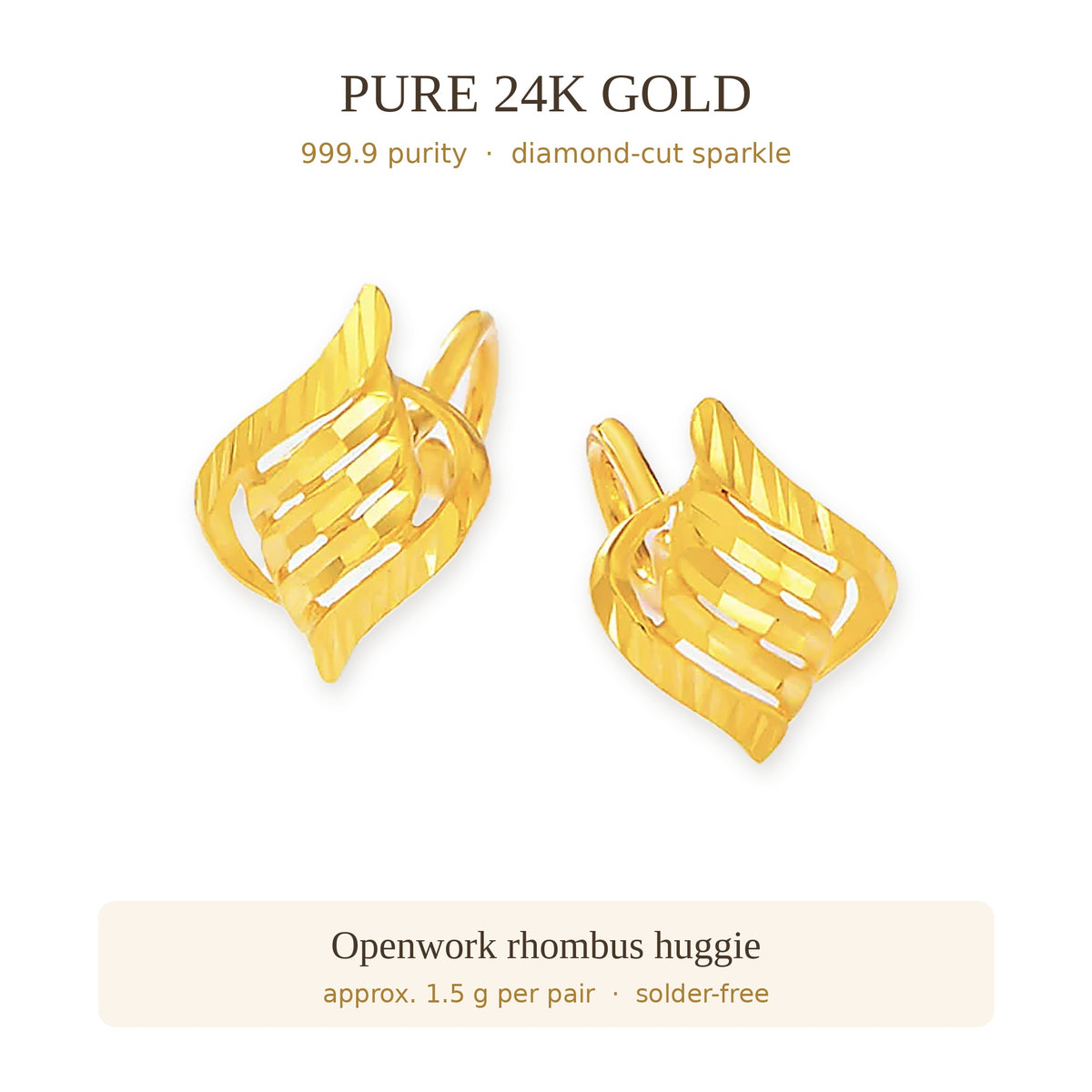 24K Pure Gold Openwork Rhombus Huggies