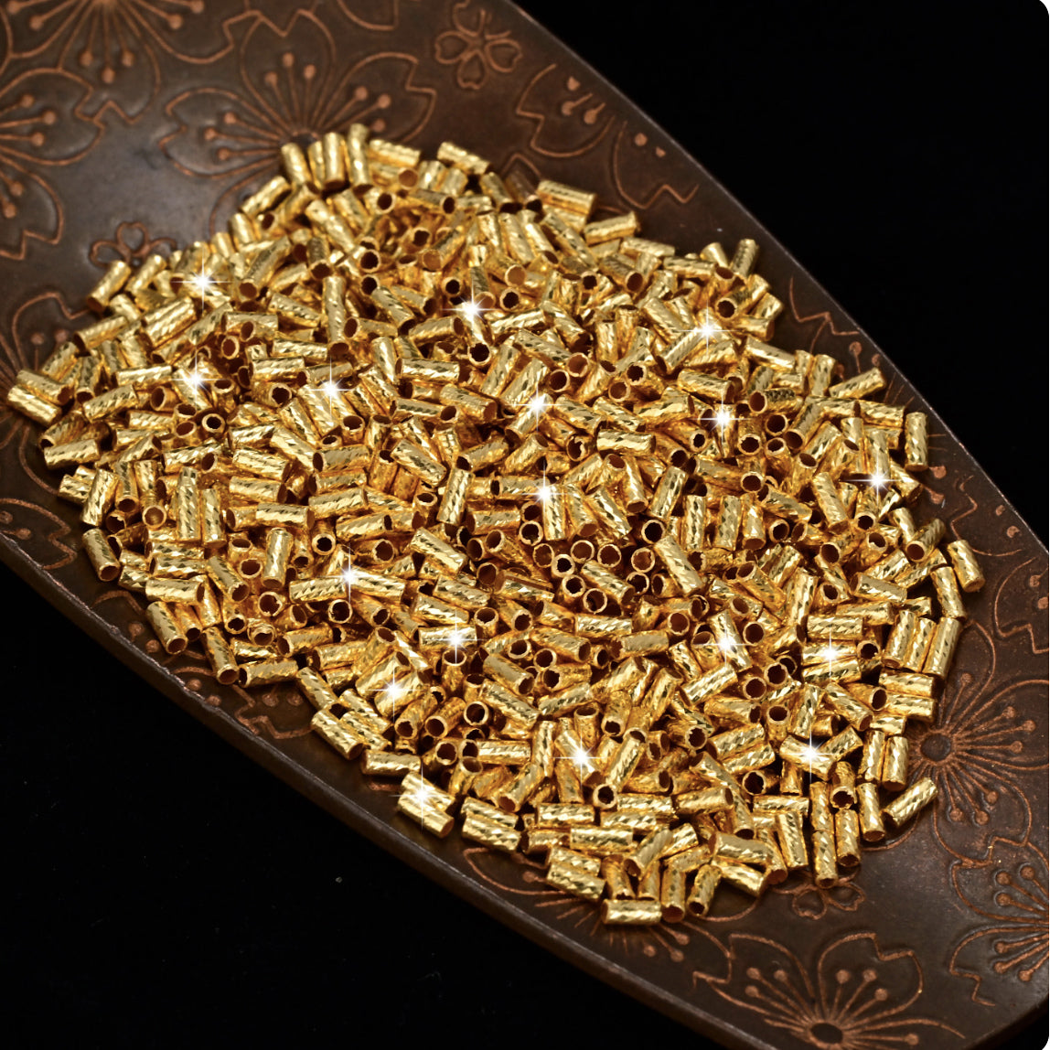 18K Solid Gold Diamond-Cut Tube Beads – Long 6mm or Short 3mm, Pack of 10