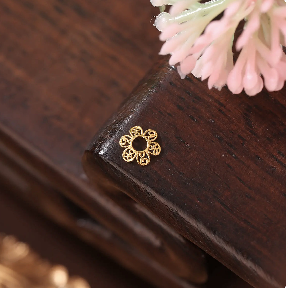 18K Solid Gold Filigree Flower Bead Caps – 4mm or 5mm Spacers, Pack of 4