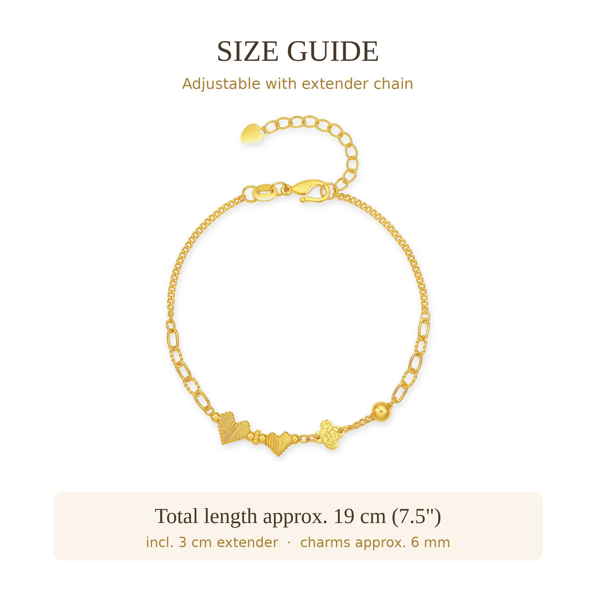 24K Pure Gold Heart & Clover Charm Bracelet