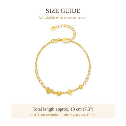 24K Pure Gold Heart & Clover Charm Bracelet