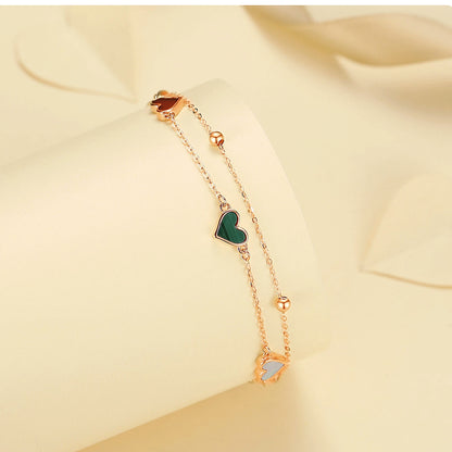 18K Rose Gold Double Chain Heart Bracelet with Agate, Mother of Pearl & Malachite