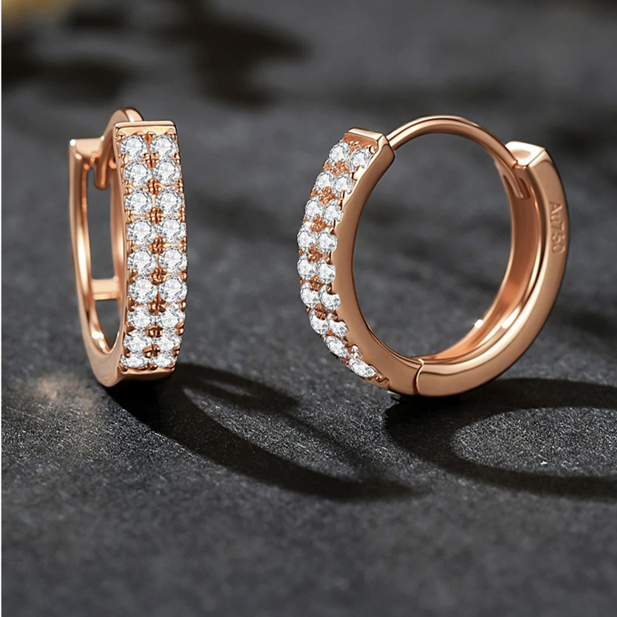 18K Rose Gold Pavé Huggie Hoops – 2 or 3 Rows Sparkle Hoop Earrings 12 mm, Pair