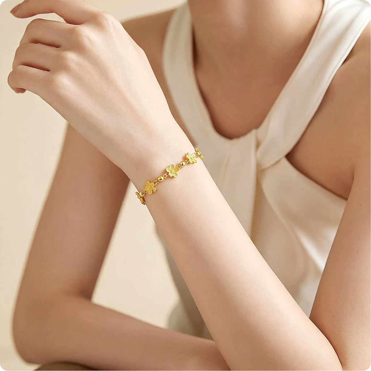 24K Pure Gold Flower & Bead Bracelet – 5g
