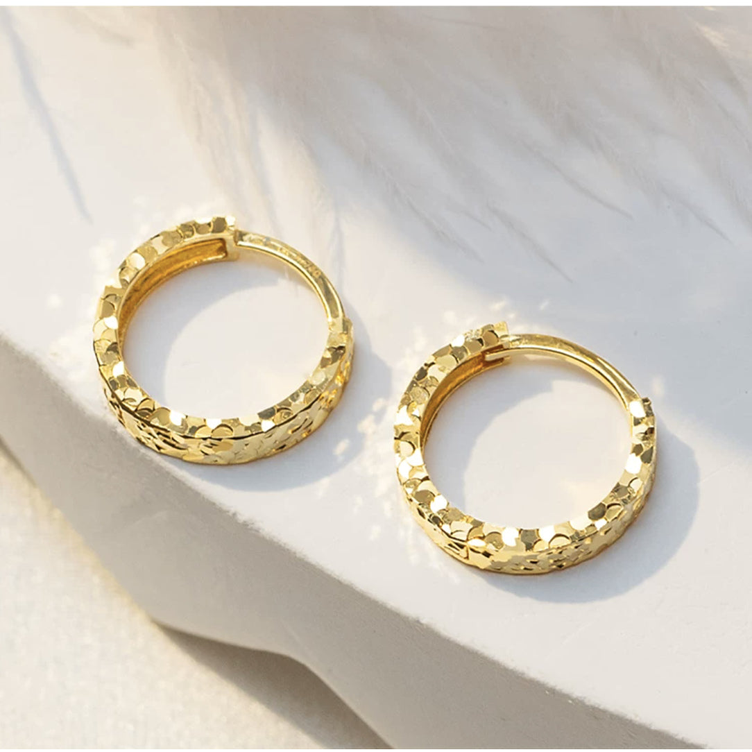 18K Gold Diamond-Cut Huggie Hoops – Sparkle Texture Small Hoop Earrings, Pair