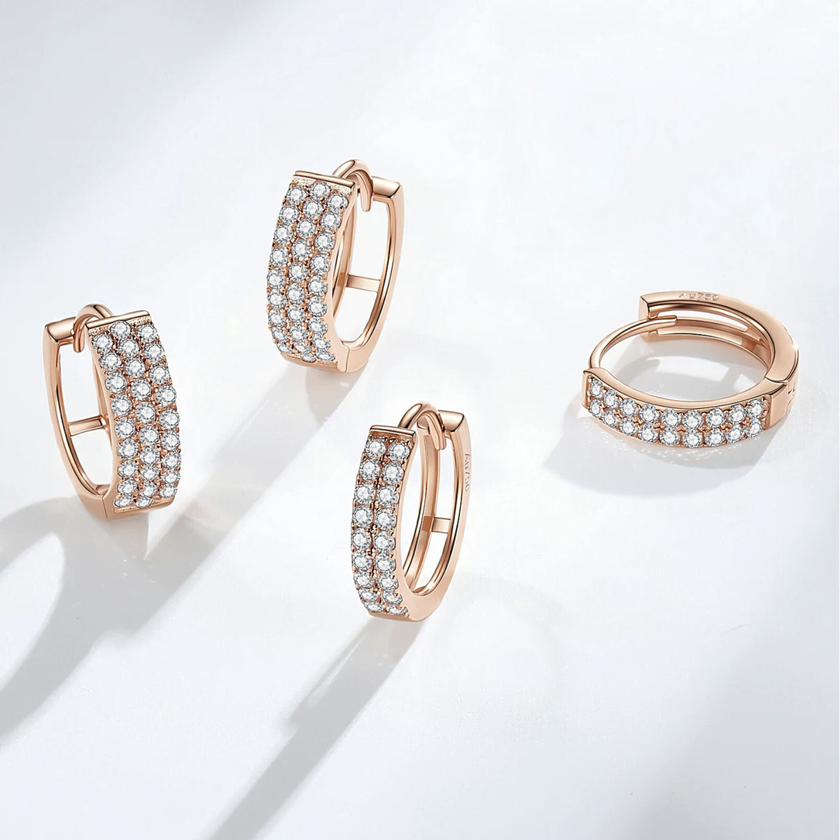18K Rose Gold Pavé Huggie Hoops – 2 or 3 Rows Sparkle Hoop Earrings 12 mm, Pair