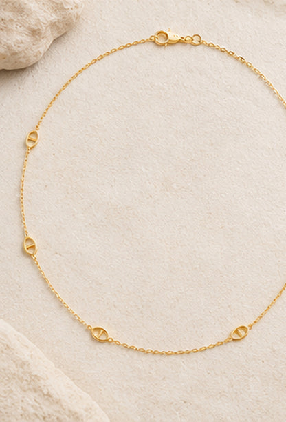 18K Solid Gold Oval Station Necklace – 45 cm
